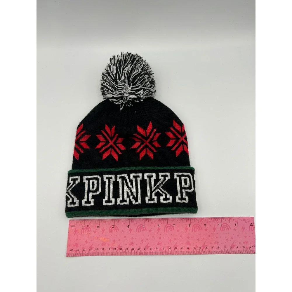 Victorias Secret PINK Beanie Hat Black Red Snowflake Fair Isle Pom Pom Knit